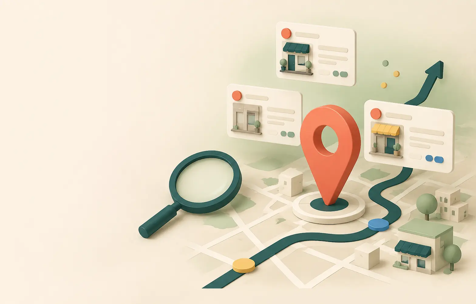 Ilustración de un negocio local ganando visibilidad: un mapa de la ciudad con un marcador de ubicación destacado, una lupa de búsqueda y varias fichas de negocio conectadas por una ruta ascendente.