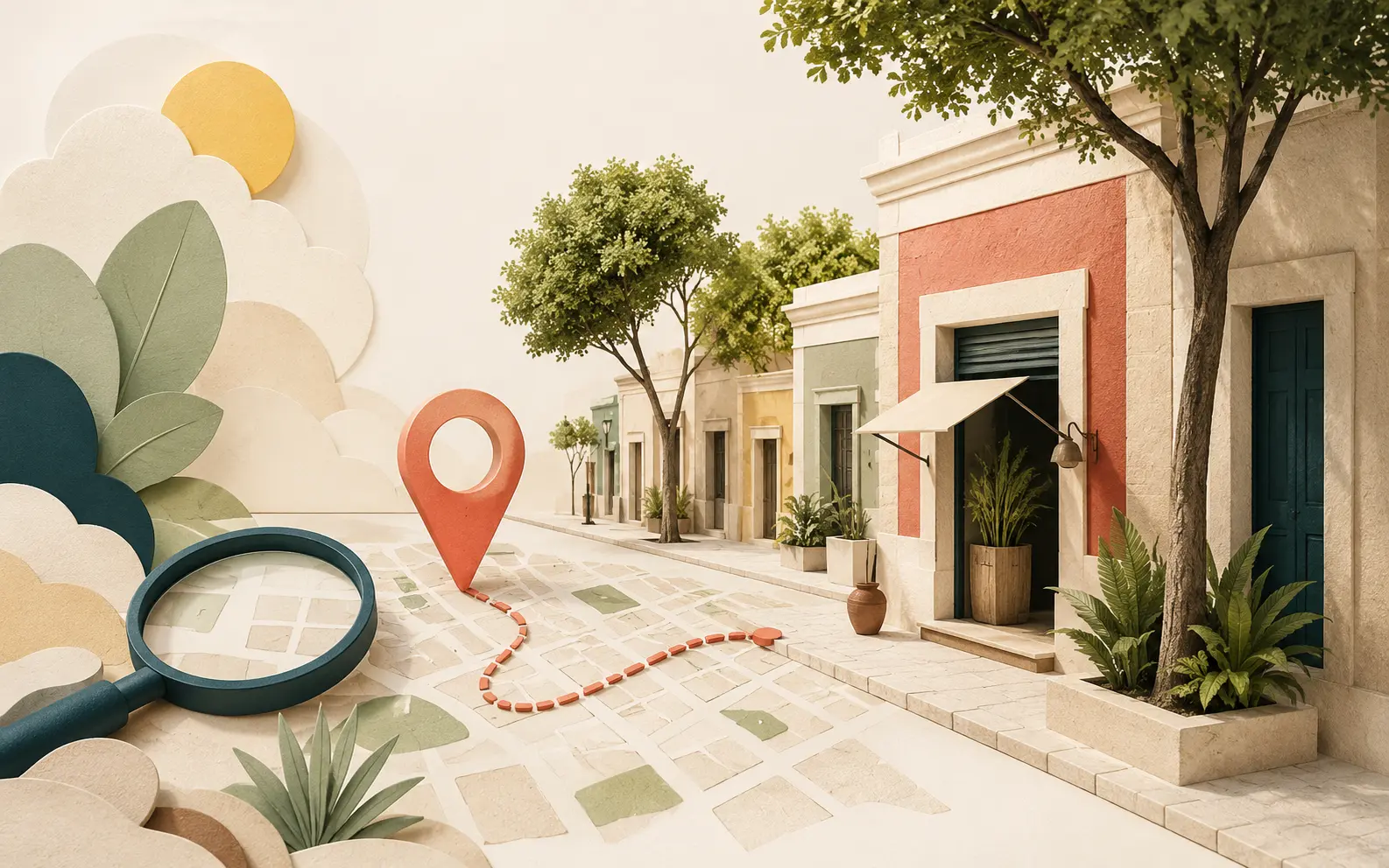 Ilustración de una calle de Mérida con fachadas bajas de piedra caliza y estuco en tonos pastel, árboles de sombra, un marcador de ubicación sobre el plano de la ciudad y una lupa de búsqueda.