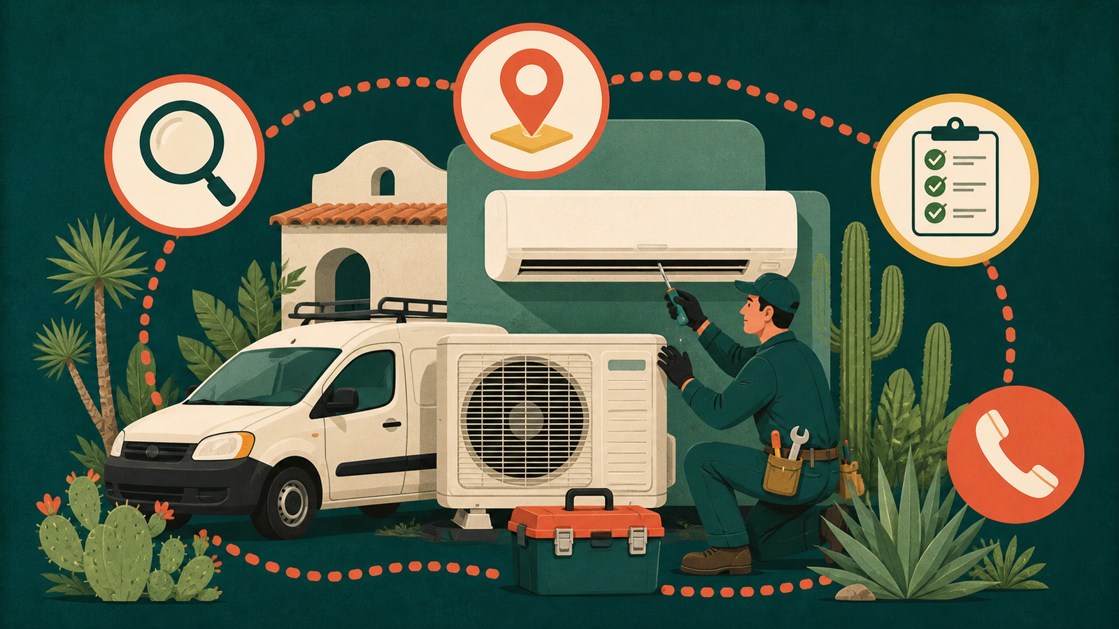 Ilustración de una empresa de aire acondicionado local: equipo minisplit, unidad exterior, camioneta y técnico conectados con búsqueda, cobertura, checklist y llamada.