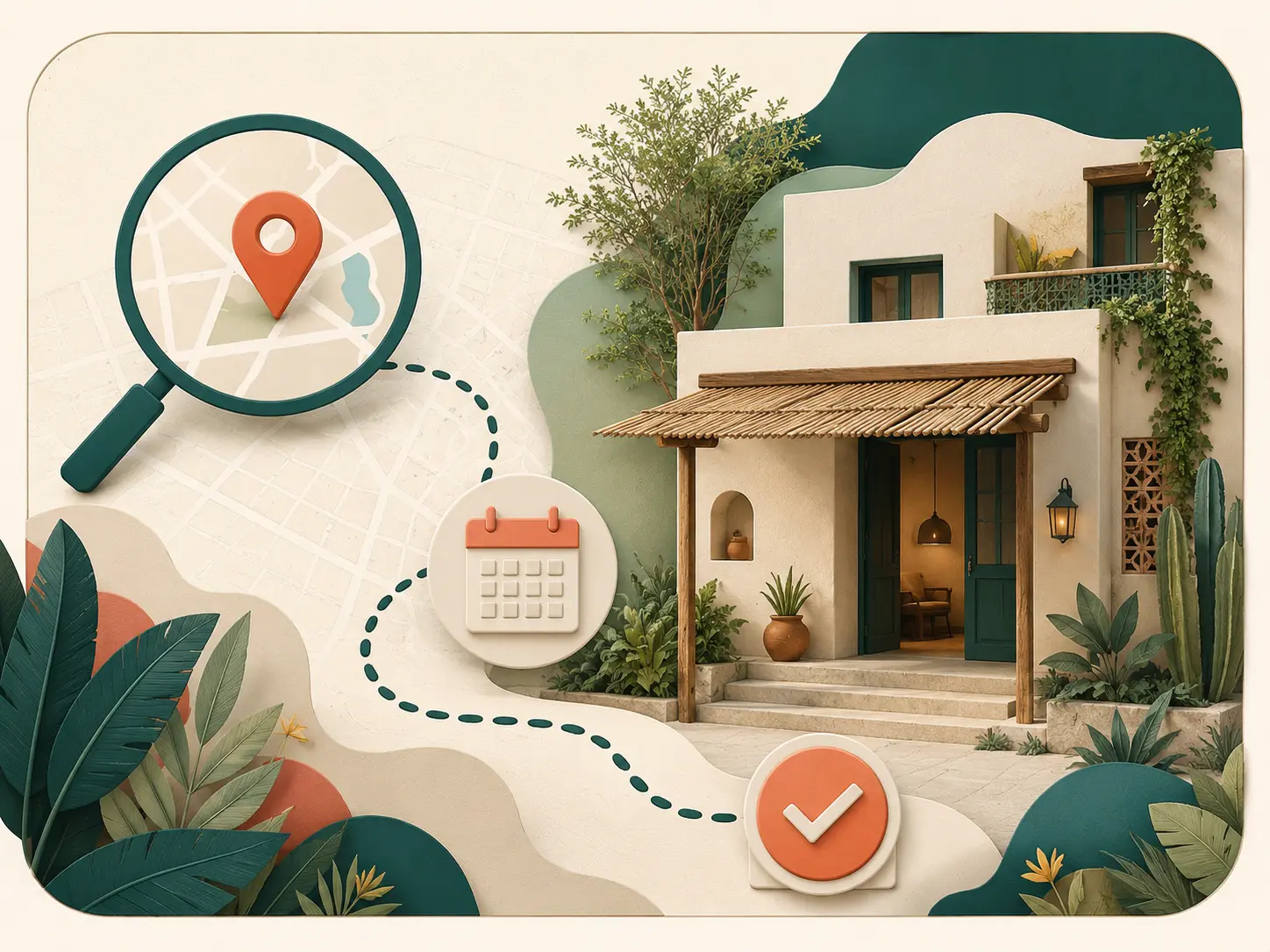 Ilustración de un hotel boutique mexicano más fácil de descubrir y reservar: una lupa sobre un mapa con marcador, una ruta punteada hacia la fachada del hotel, un calendario y una confirmación de reservación.