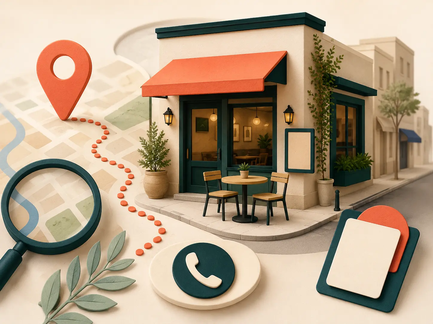 Ilustración de un restaurante de barrio descubierto en una búsqueda cercana: fachada con toldo y mesa en la banqueta, marcador de ubicación sobre un mapa, lupa y símbolo de llamada para reservar.