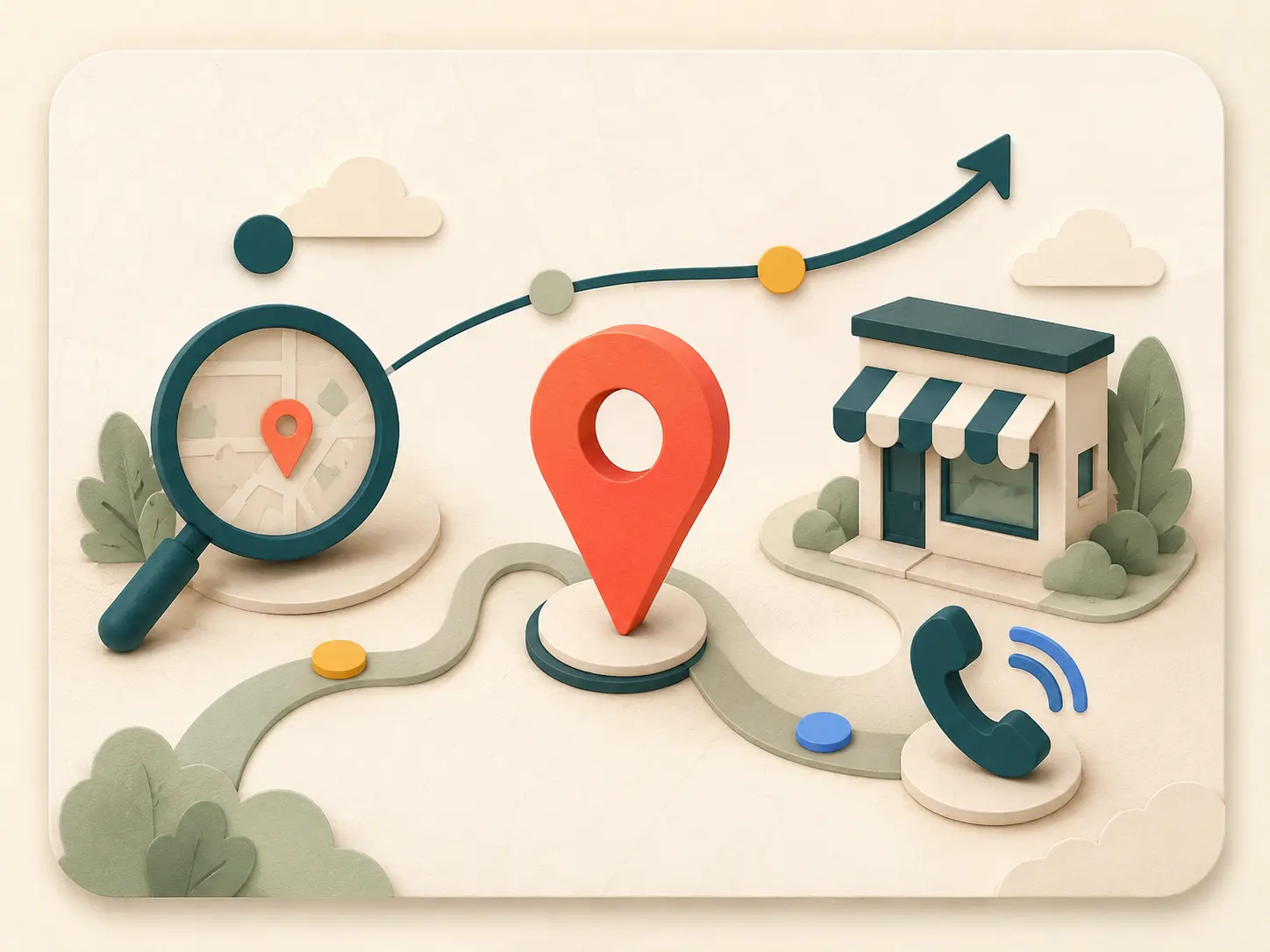 Ilustración del recorrido del cliente local: una lupa sobre un mapa, un marcador de ubicación, una ruta curva hacia un pequeño local y un símbolo de llamada telefónica.