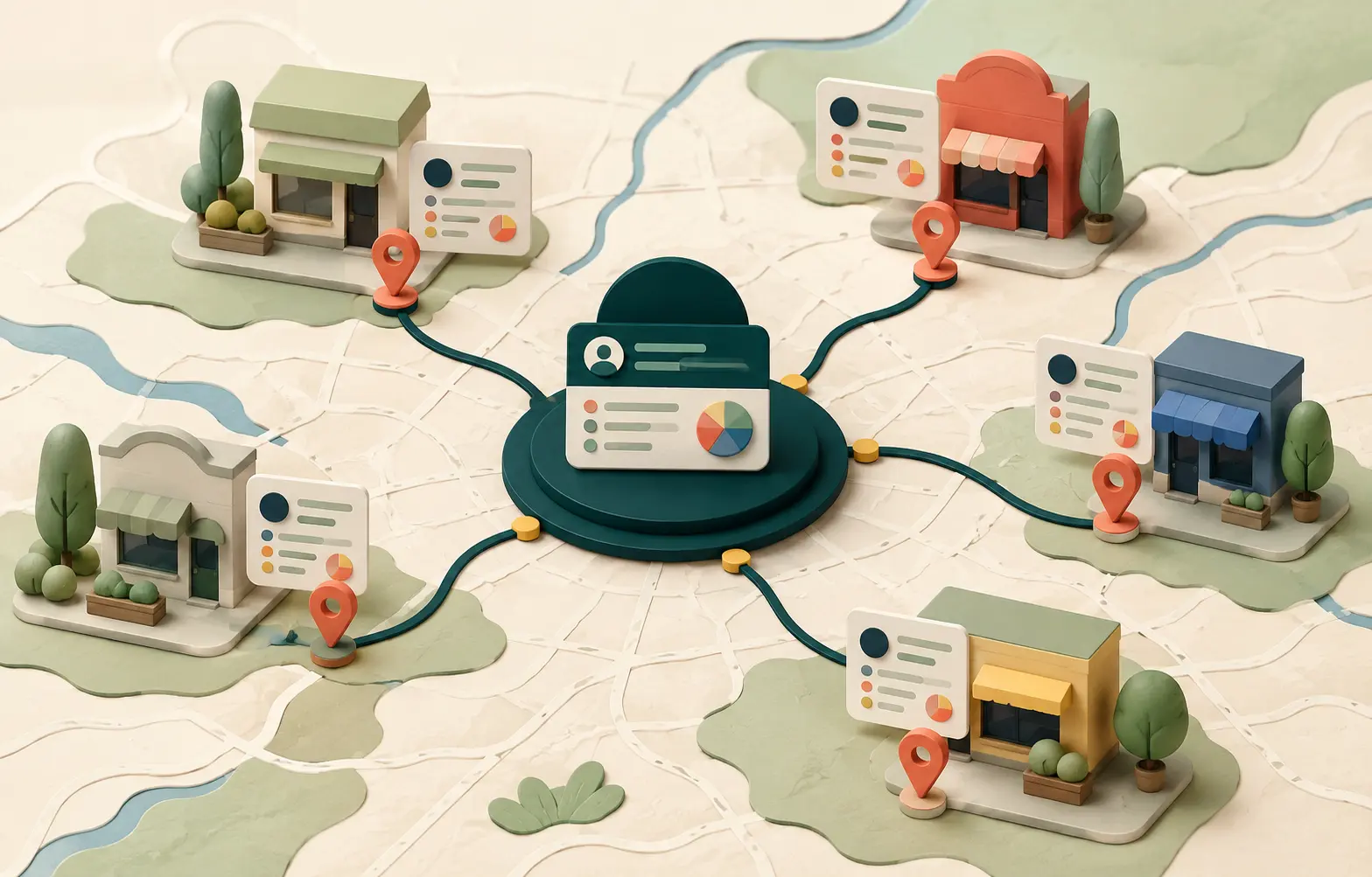 Ilustración de una marca con varias sucursales: cinco locales distintos repartidos sobre un mapa, cada uno con su marcador y su ficha, conectados a un centro de coordinación común.