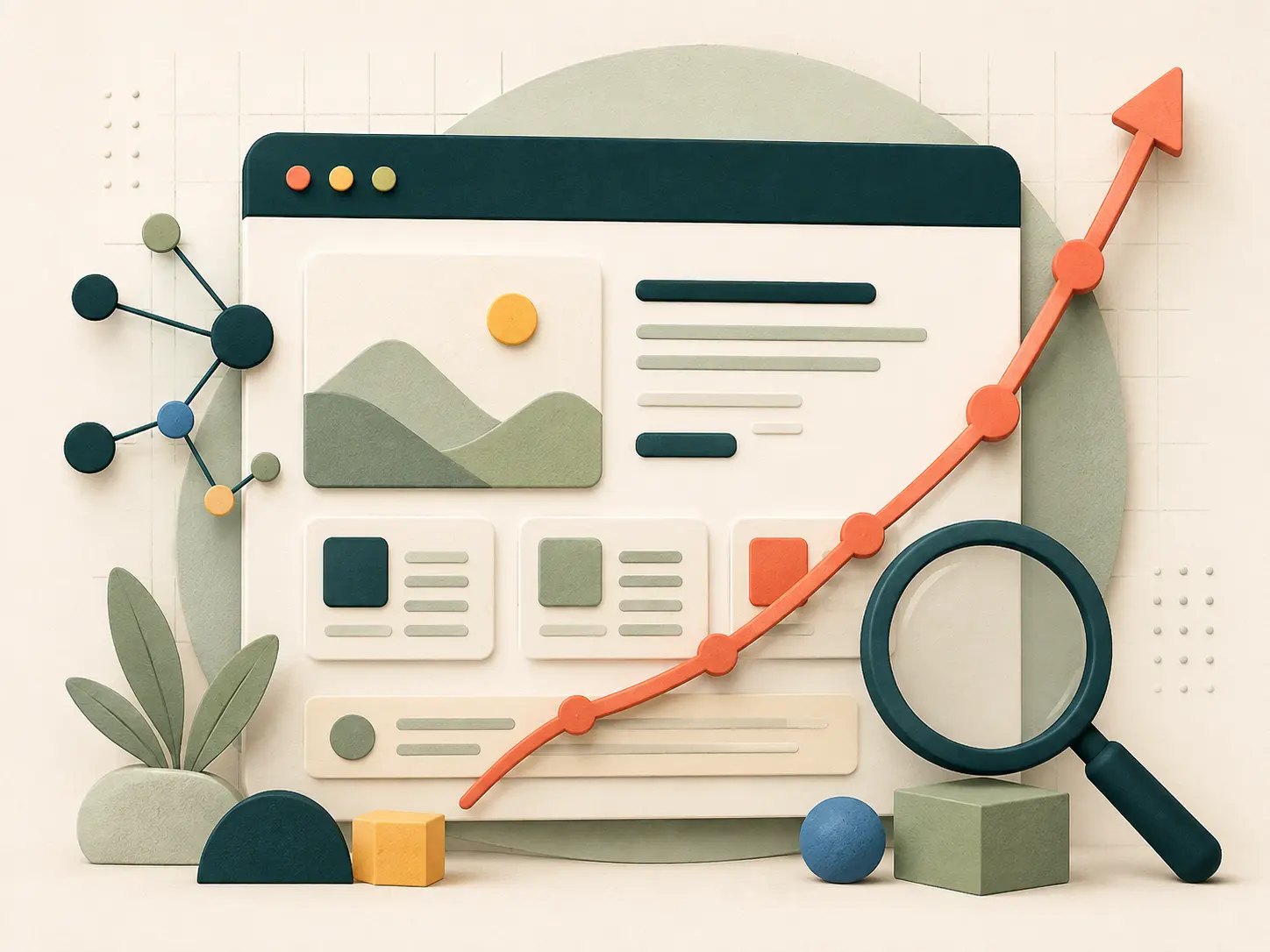 Ilustración de un sitio web ganando visibilidad orgánica: un panel de navegador con bloques de contenido ordenados, nodos técnicos conectados, una lupa y una curva de crecimiento ascendente.