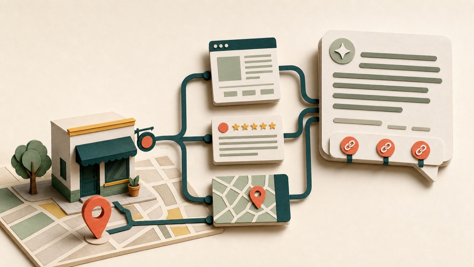 Negocio local conectado con páginas, reseñas y mapas que sustentan una respuesta de inteligencia artificial.
