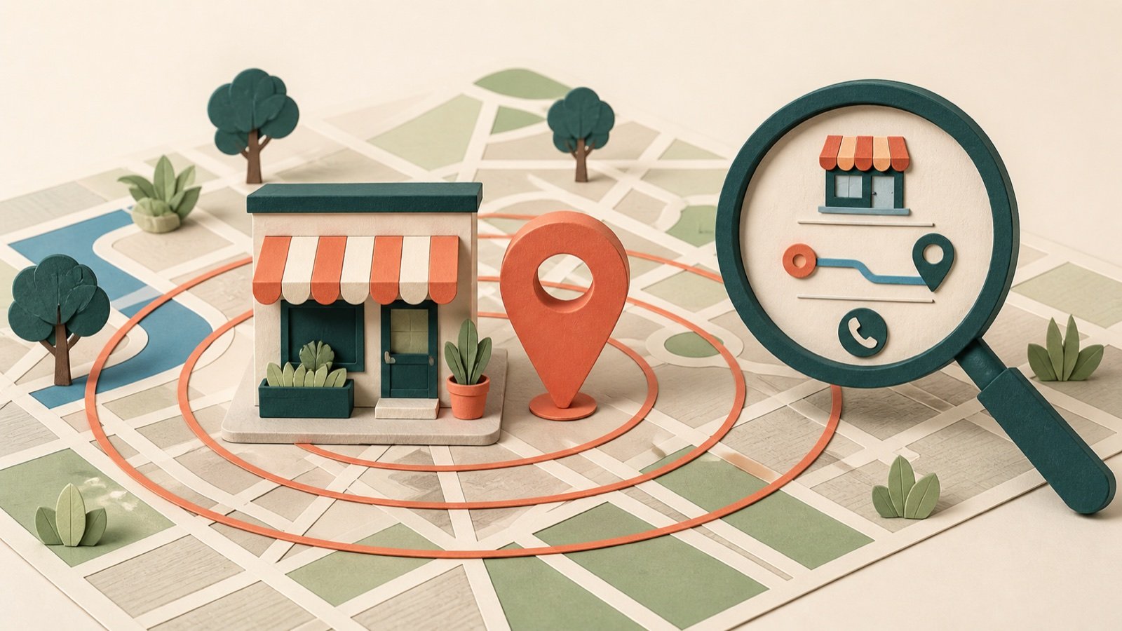 Negocio local sobre un mapa con un marcador, radios de búsqueda y una lupa que representa su visibilidad en Google Maps.
