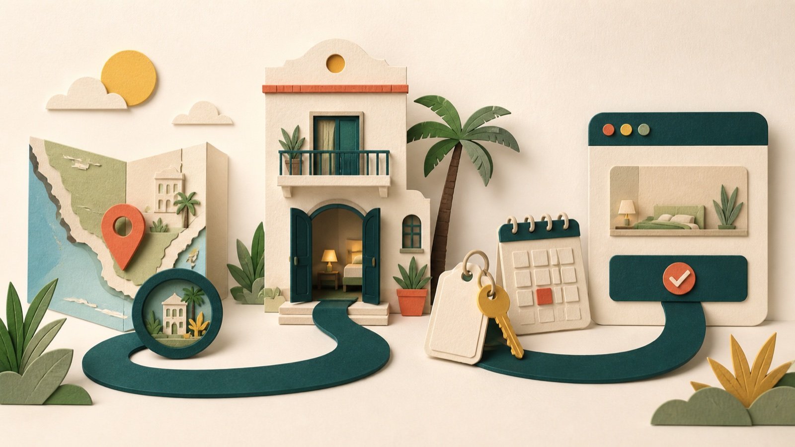 Hotel conectado con un mapa, un calendario, llaves y un proceso de reserva directa.